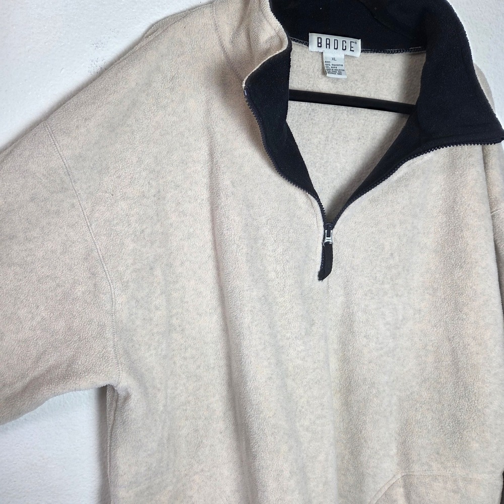 Vintage 90s Badge Fleece Pullover Quarter Zip Mens XL Beige Black Gorpcore‎